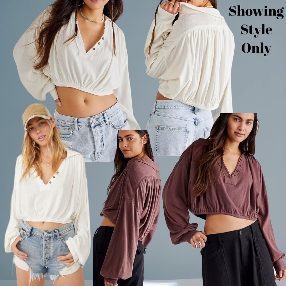 FREE PEOPLE Darren Long Sleeve Relaxed Billowy Deep V-Neck Crop Top NWT/XS - Picture 15 of 15